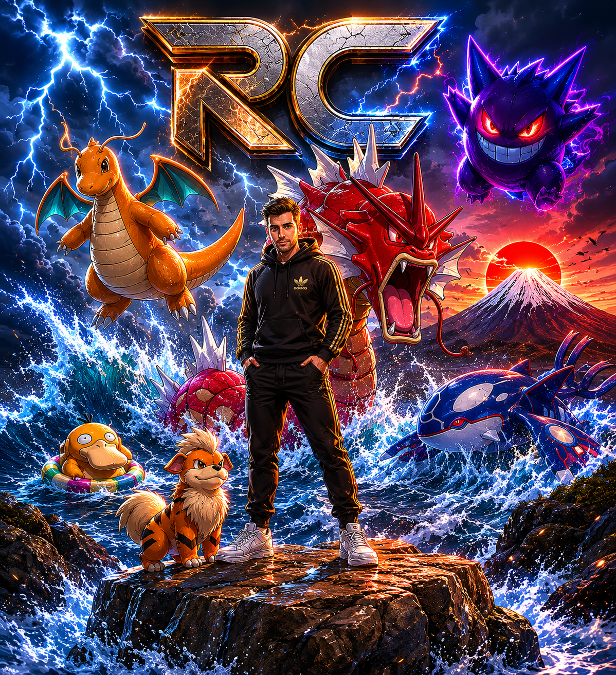Fondo hero de RetroCollector con RC, Pokémon y estética épica inspirada en la identidad del canal